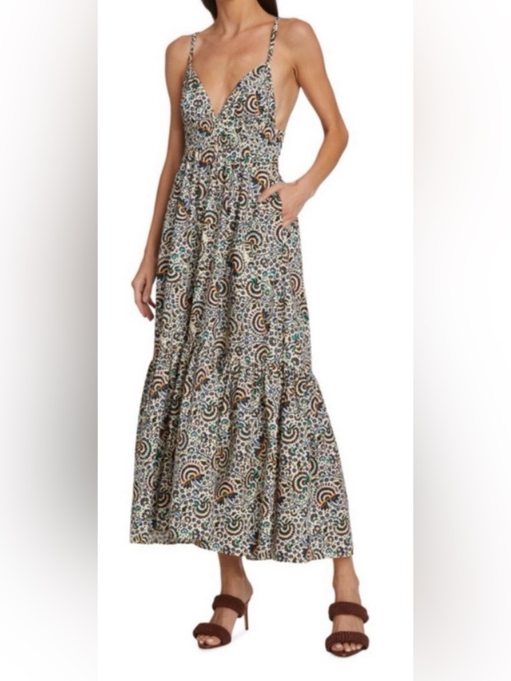 A.L.C. Sleeveless V-Neck Tiered Maxi Dress in Cream, Brown & Teal